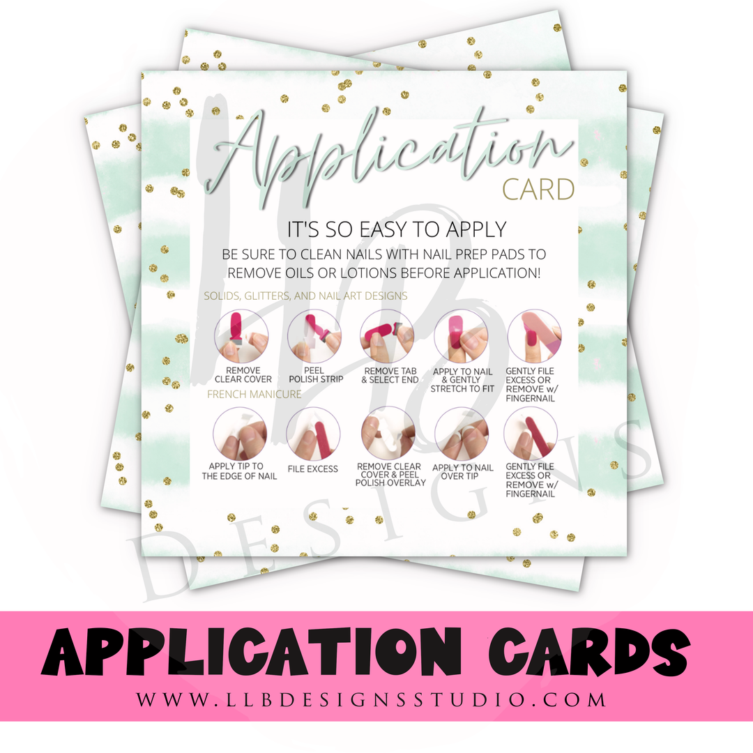 Teal and Gold Glitter Application Instruction Cards | Size: 3" x3" | SKU: AC13
