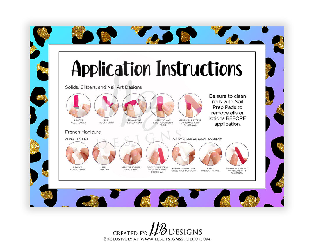 Application Instruction Cards | How To Apply Color Street Nails | Bright Blue and Purple Cheetah