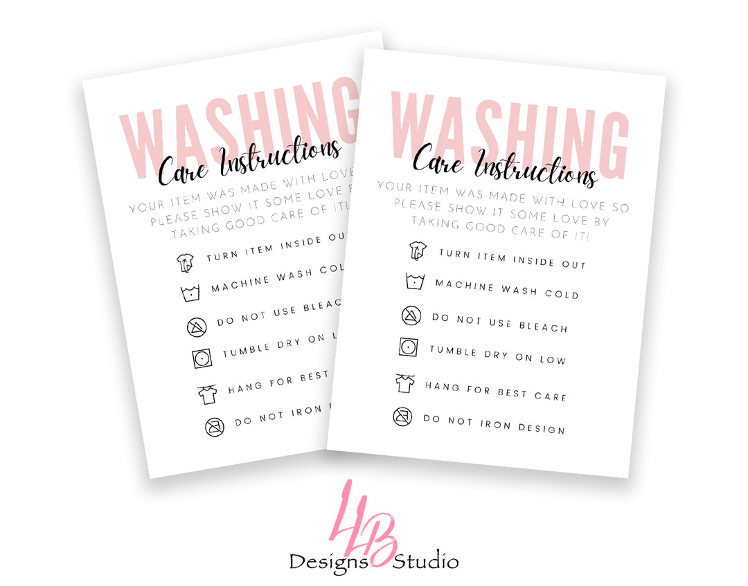 Non - Custom Washing Instructions  | White Card - Pink Wording  | SIZE 4 X 3 INCHES | Card Number: CC006 | Ready To Ship