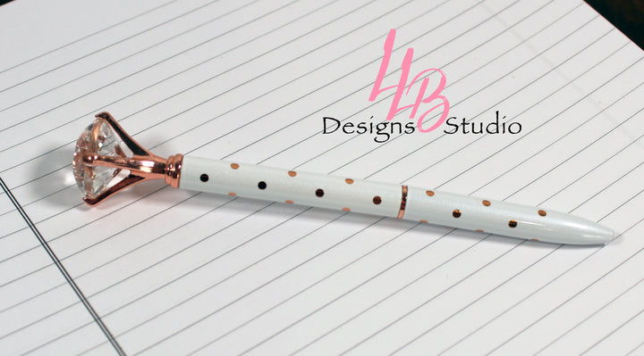 Stationary Pen | White and Rose Gold Polka Dot Shimmer Diamond Pen | Black Ink | SKU # PEN22