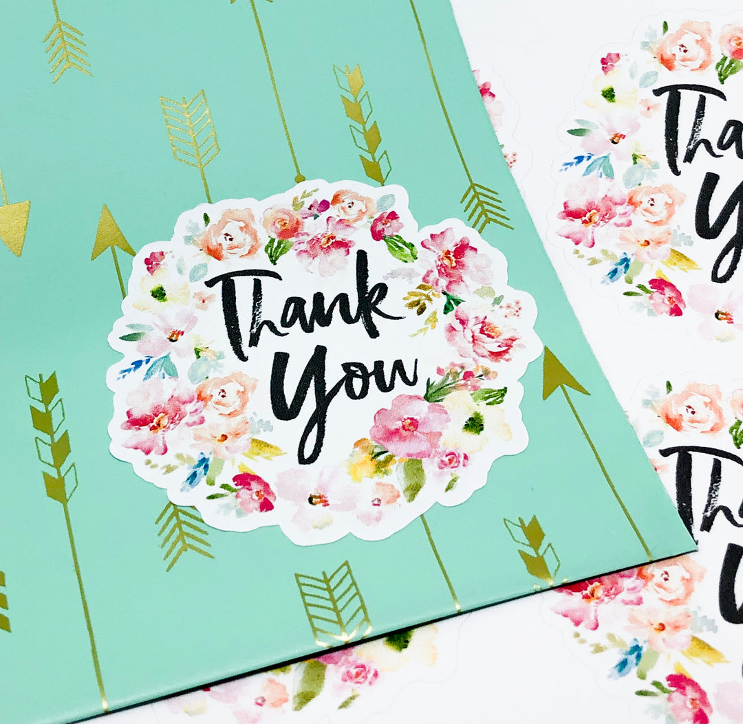 Thank You For Floral Sticker  |  Packaging Stickers | Business Branding | Small Shop Stickers | Sticker #: S0070 | Ready To Ship
